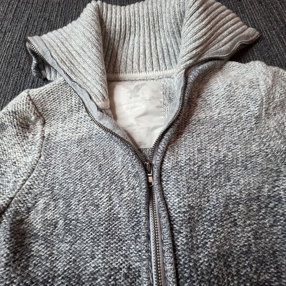 American Eagle Zip Up Sweater Size Large Fitted Gray Ombre Y2K Preppy Collared - Picture 5 of 11